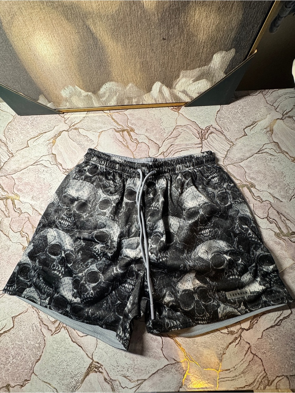 YoungLA Black & Gray Skull Print Athletic Shorts